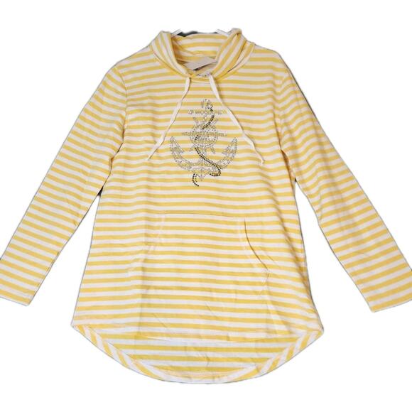 Quacker Factory Nautical Tunic Top Womens S Yellow White Sequins Anchor Beach - Picture 1 of 7